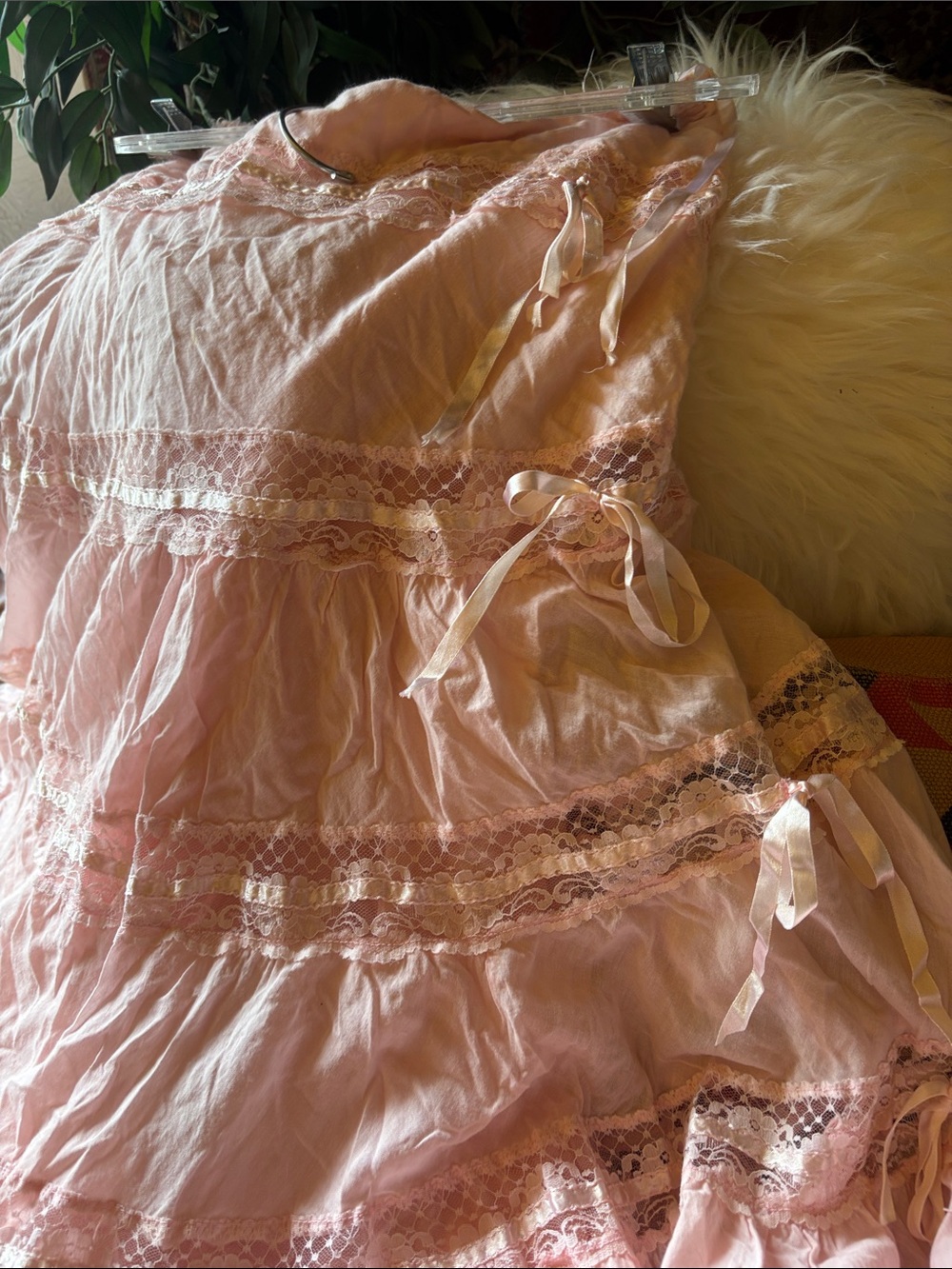 French Pink ruffled cotton shabby chic romantic prairie boho Maxi Skirt 33 LSF - Picture 3 of 7